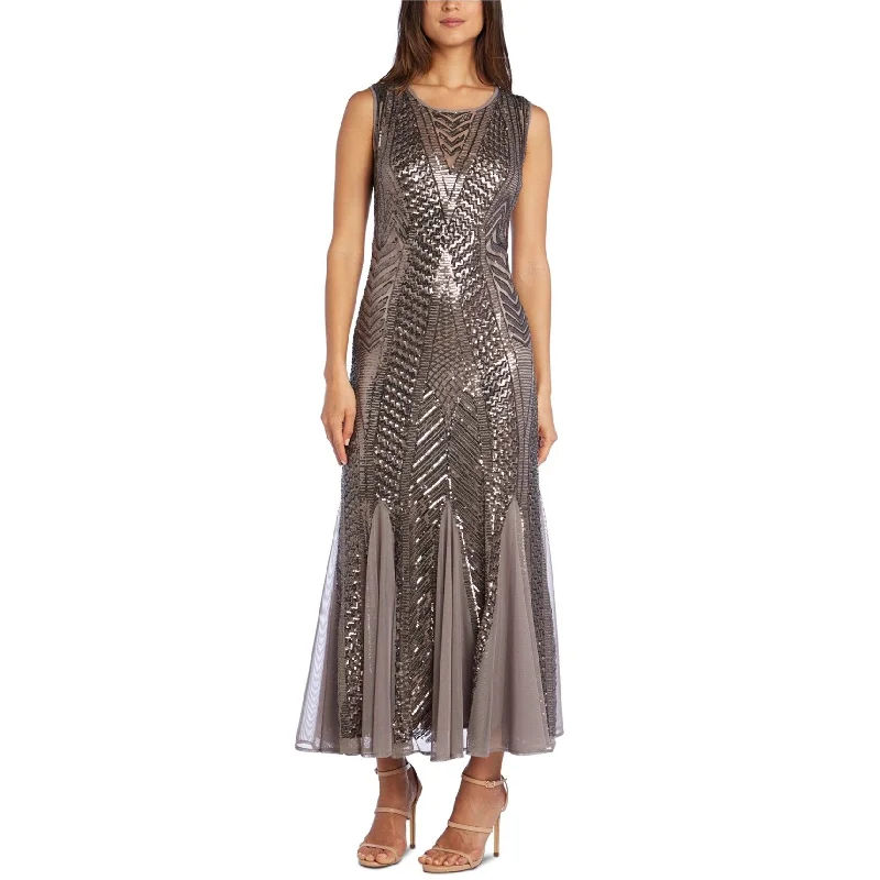 women's off-the-shoulder dressesR & M Richards Womens Godet Sequined Gown Dress, Brown, 8