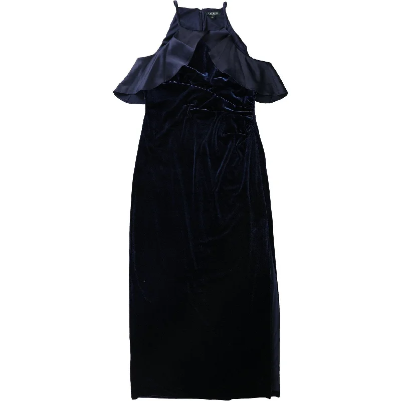 women's maximalist dressesRalph Lauren Womens Ruffled Velvet Halter Gown Dress