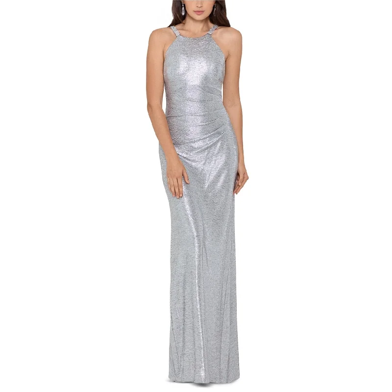 women's one-shoulder dressesBetsy & Adam Womens Metallic Halter Gown Sheath Dress, Metallic, 14