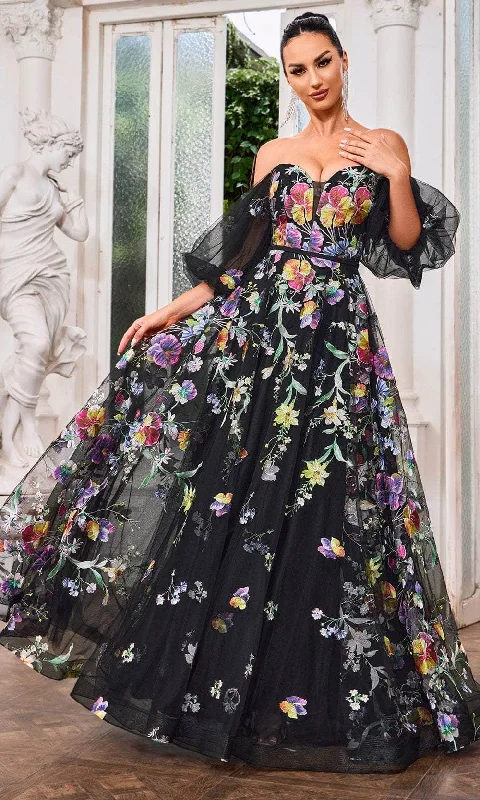 women's formal dressesJ'Adore Dresses J24047 - Puff Sleeve Floral Evening Gown