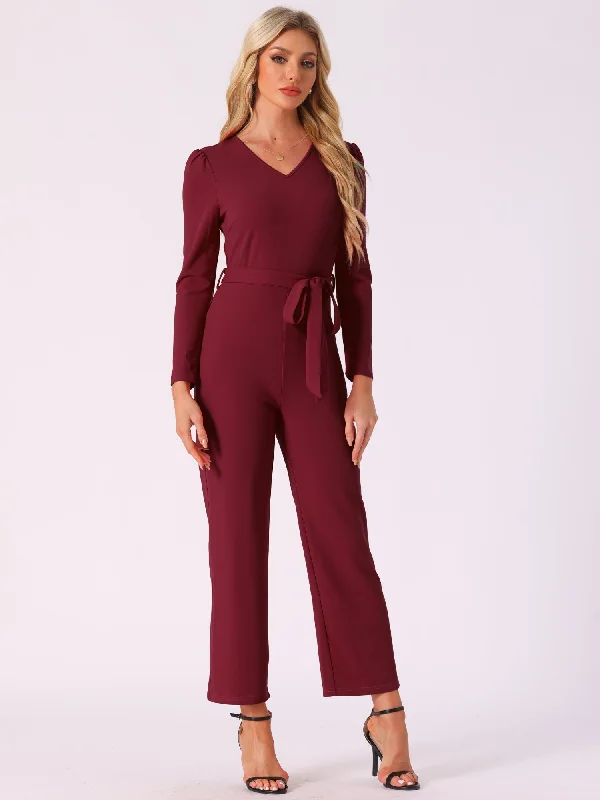 women's jumpsuits with short sleevesV Neck Long Sleeve Tie Waist Wide Leg Knit Jumpsuits