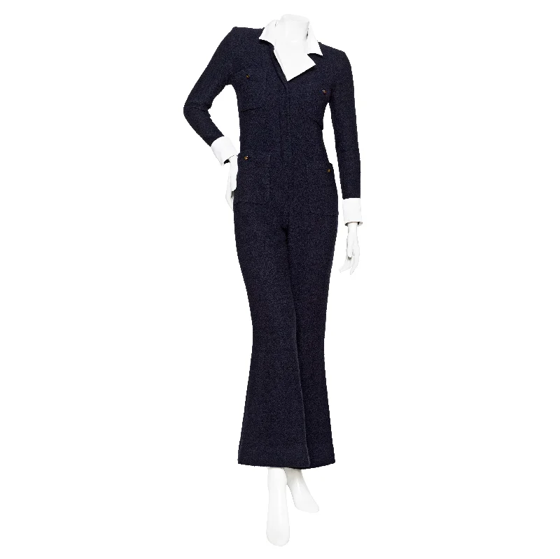 women's jumpsuits with off-the-shoulder necks1990s Navy Blue Wool and Satin Collared Jumpsuit