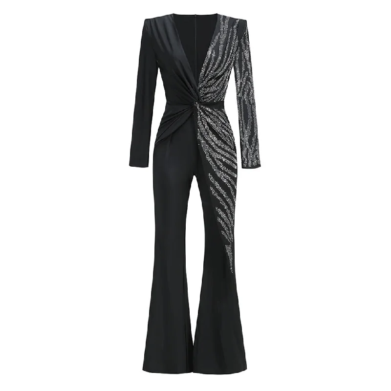 women's jumpsuits for sustainable fashionLuxurious Plunge Long Sleeve Twist Waist Flare Leg Rhinestone Jumpsuits