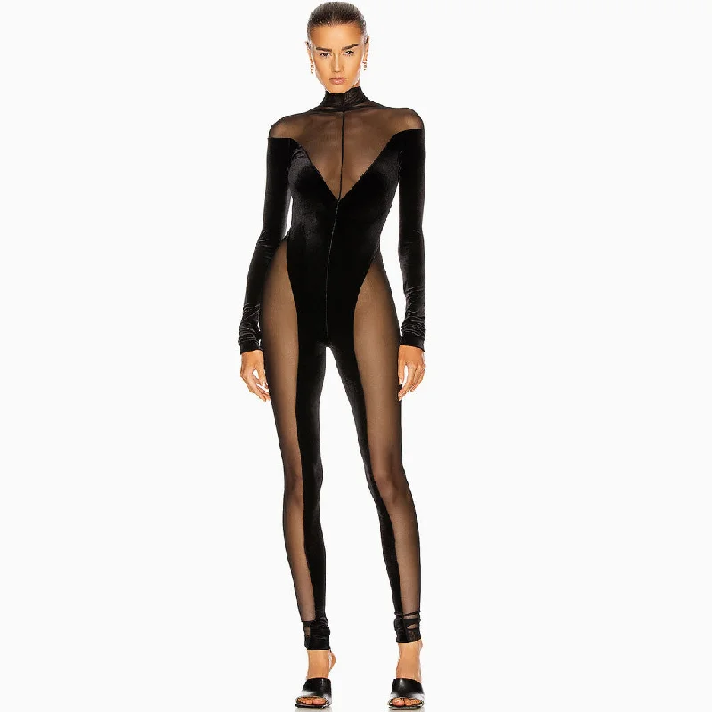 women's jumpsuits for easy dressingSexy Turtleneck Sheer Mesh Long Sleeve Velvet Jumpsuit - Black