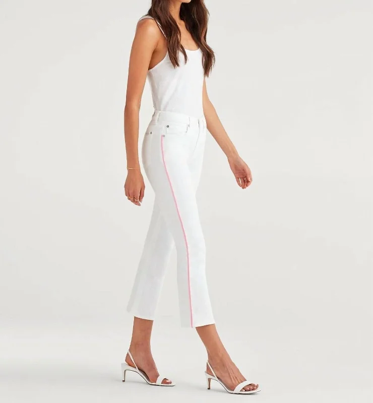 women's denim jeans with contrasting stitchingHigh Rise Flare Crop Piping Jeans In White, Pink