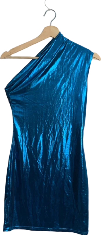 women's solid color dressesUnknown Brand Blue Metallic One-Shoulder Mini Dress Size Unknown