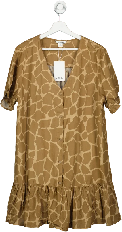 women's ethical fashion dressesMonki Brown Giraffe Print Mini Flounce Dress BNWT UK L