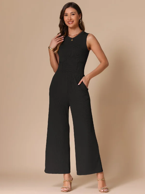 women's jumpsuits with pastel huesSolid Color Sleeveless Crew Neck Wide Leg Jumpsuits