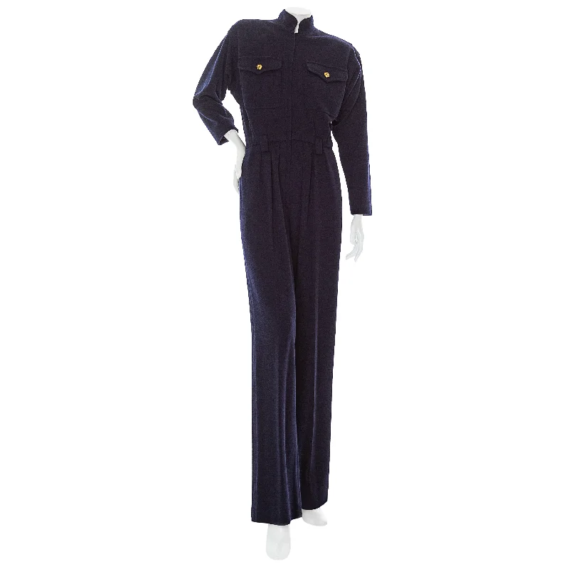 women's jumpsuits with spaghetti straps1980s Rive Gauche Navy Blue Wool Long Sleeve Jumpsuit