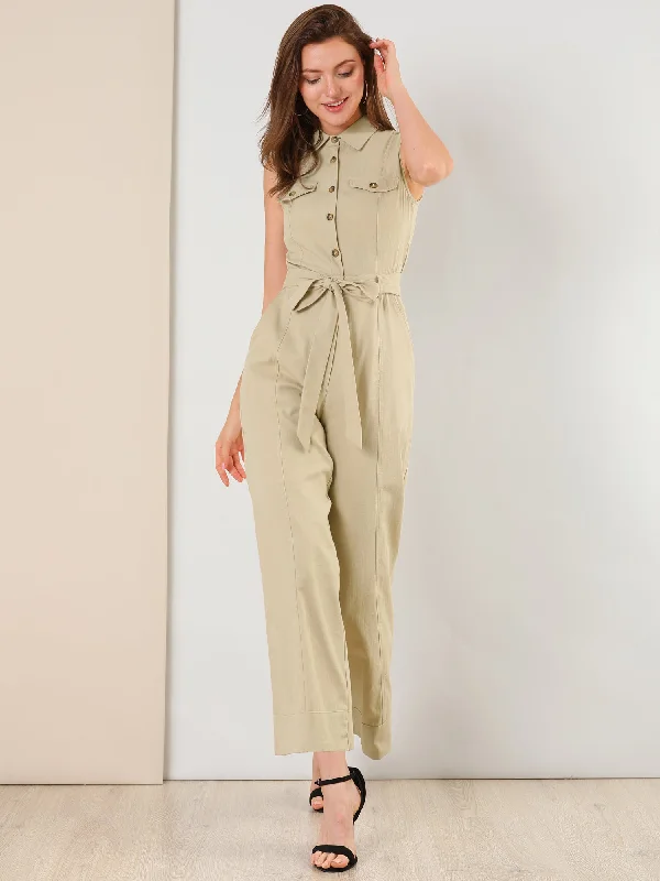 women's cozy jumpsuitsButton Down Collared Wide Leg Tie Jumpsuit Sleeveless Jumpsuits