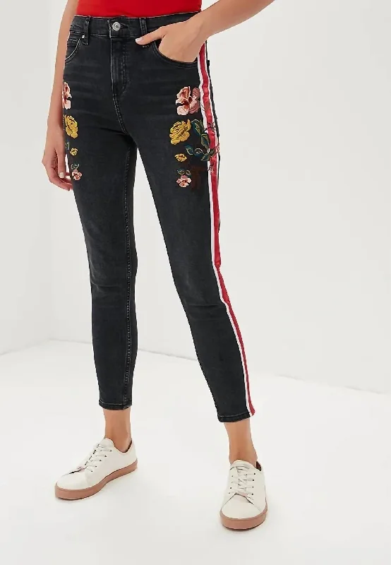 women's denim jeans with cotton blendMoto Stripe Floral Embroidery High Rise Skinny Jeans In Multicolor