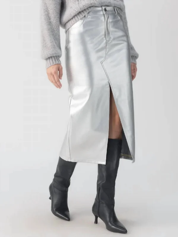 women's button-down high-slit skirts for weddingsLeather Like Midi Skirt In Silver