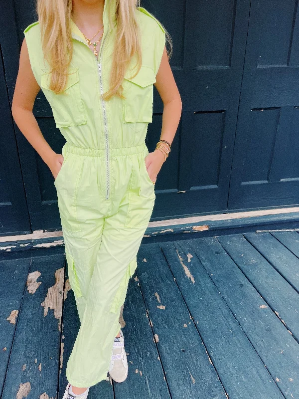 women's jumpsuits with zippersWork It Cargo Jumpsuit - Lime Light