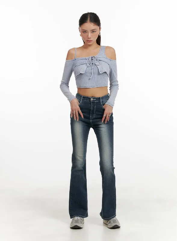 women's denim jeans for curvy womenWashed Denim Slim Fit Bootcut Jeans CY402