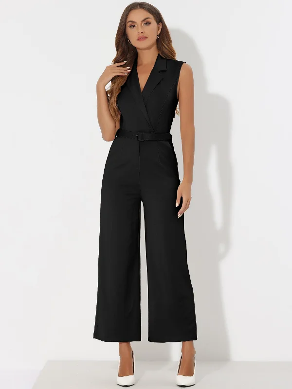 women's glam jumpsuitsSleeveless Button Front Closure Long Leg Pocket Belted Jumpsuits