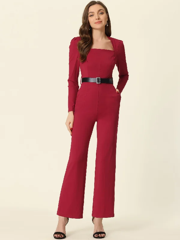 women's fitted jumpsuitsElegant Square Neck Long Sleeve Wide Leg Pants Dressy Jumpsuit