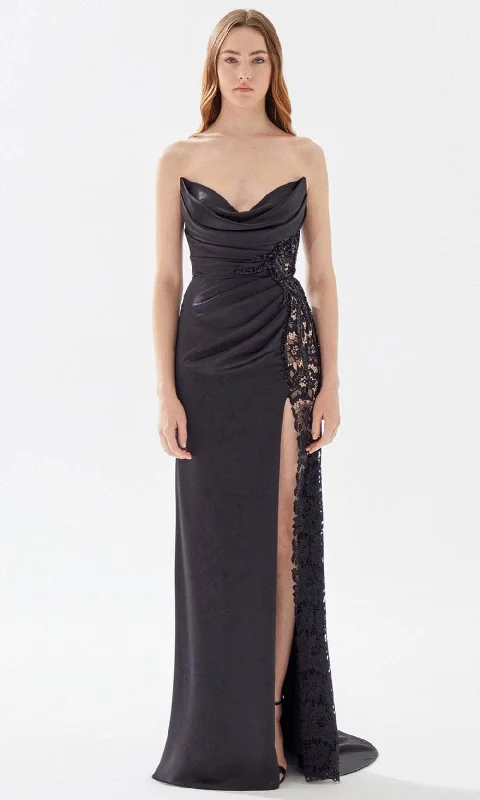 women's formal dressesTarik Ediz 52013 - Pleated Lace Evening Dress