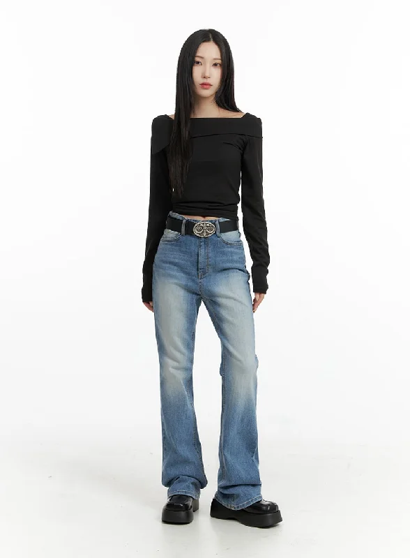 women's denim jeans with distressed thighsWashed Slim Fit Bootcut Jeans CF415