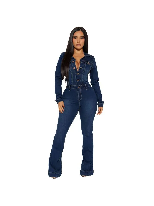 women's jumpsuits for summerDistressed Lapel Denim Button Up Jumpsuits