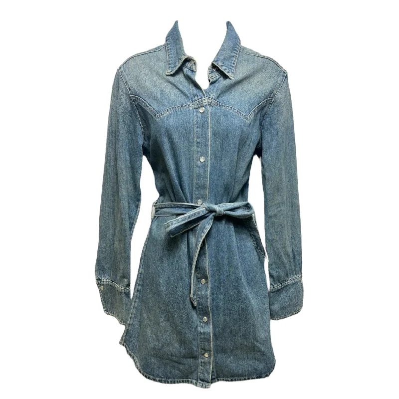 women's minimalist dressesWesley Pearl Snap Belted Denim Mini Shirt Dress By Reformation In Bowen Blue Denim, Size: 6