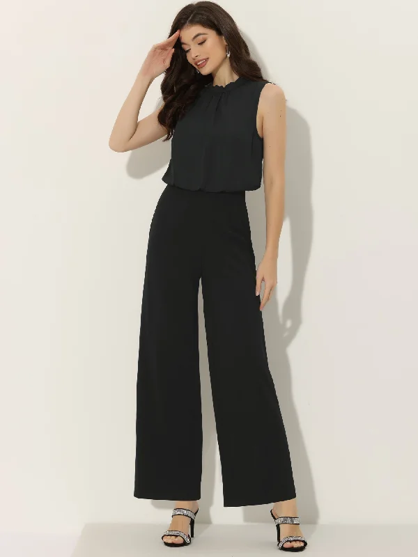 women's jumpsuits with lace detailsHigh Waist Wide Flare Leg Sleeveless Jumpsuit