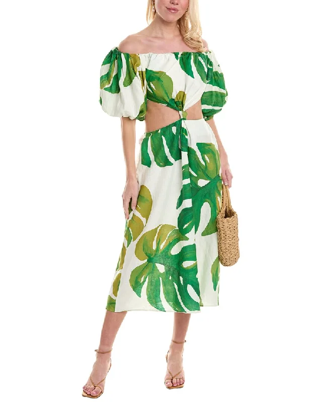 women's glam dressesFARM Rio Monstera Cutout Waist Linen-Blend Midi Dress