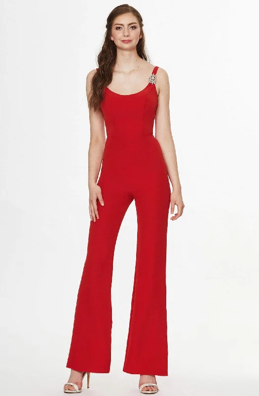 women's jumpsuits made of satinAngela & Alison - 91008 Brooch Accented Flared Jumpsuit