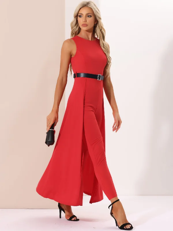 women's jumpsuits with flutter sleevesSolid Sleeveless Belted High-Waist Overlay Swing Jumpsuit