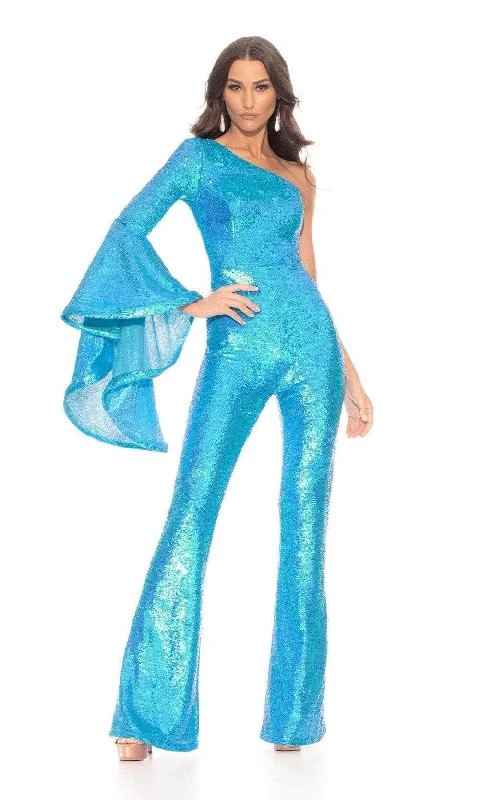 women's jumpsuits with neon colorsAshley Lauren - Asymmetric Neck Sequin Jumpsuit 11047