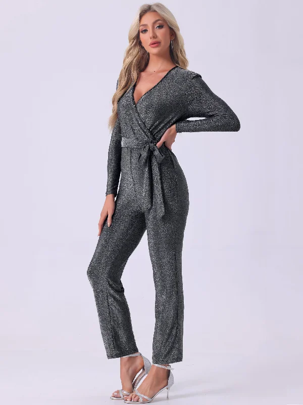 women's jumpsuits with off-the-shoulder sleevesGlitter V Neck Long Sleeves Belted Tie Waist Jumpsuits