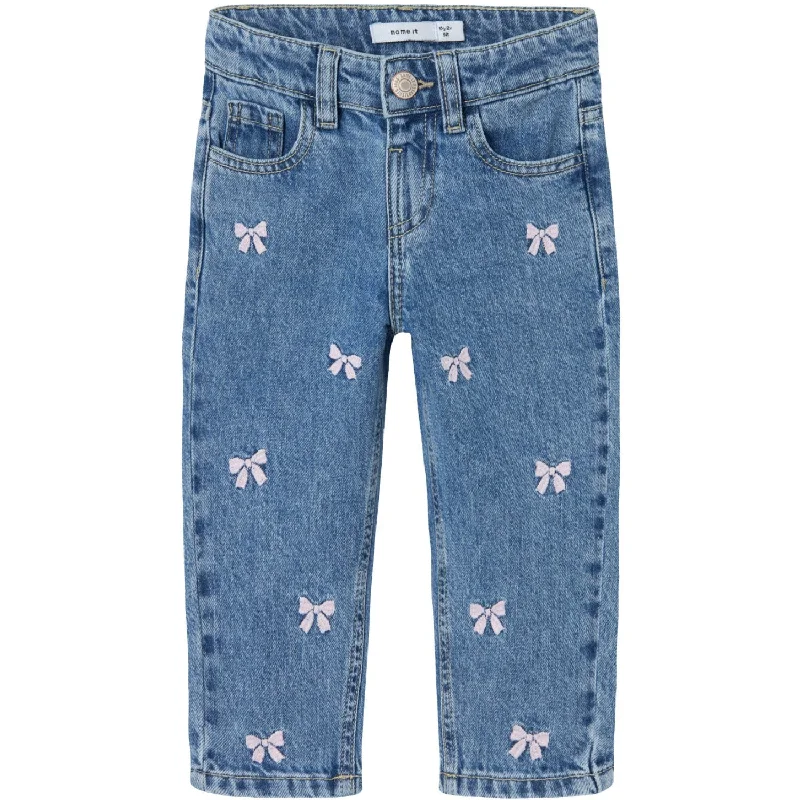 women's denim jeans for workoutsName It Medium Blue Denim Bows Bella Mom Embroidery Jeans Noos