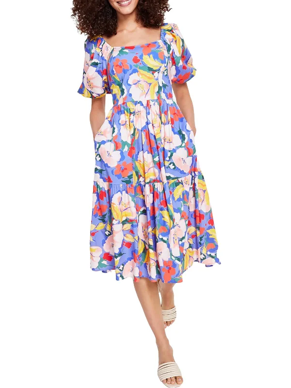 women's neon dressesWomens Floral Print Square Neck Midi Dress