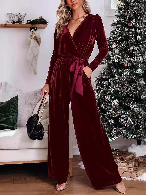 women's jumpsuits with buttonsSolid Color Long Sleeves Velvet Belted Wide Leg Jumpsuits