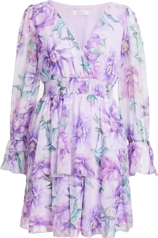 women's beach dressesQUIZ  Lilac Chiffon Floral Tiered Long Sleeve Mini Dress UK 12