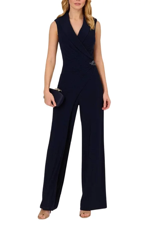 women's jumpsuits with short sleevesAdrianna Papell AP1D105272 - Collared V-Neck Wrap Bodice Jumpsuit