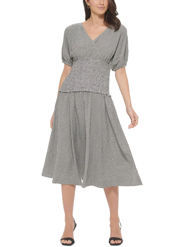 women's mini dressesWomens Surplice Puff Sleeves Midi Dress