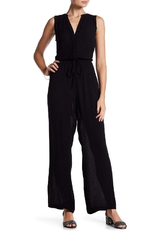 women's jumpsuits with flutter sleevesNina Leonard - L5572A Front Placket Tie-Waist Jumpsuit