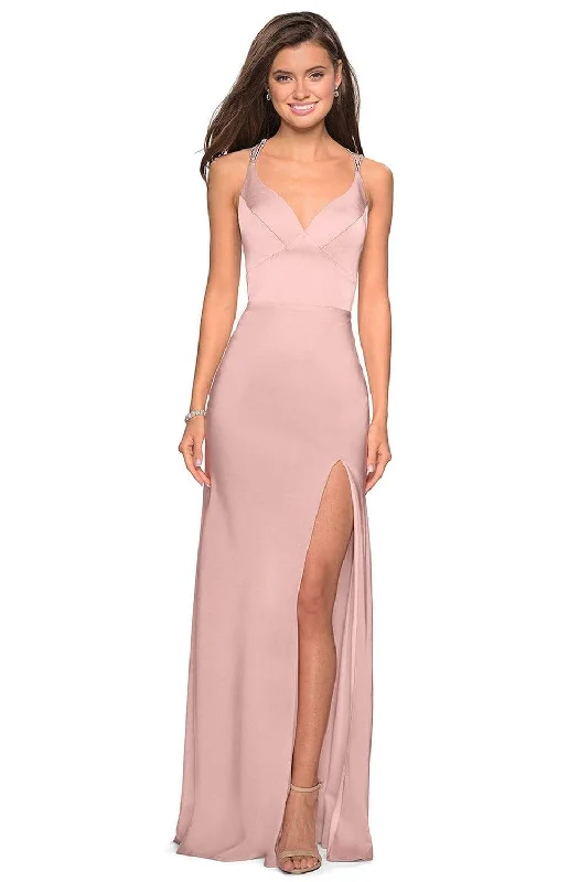 women's ethical fashion dressesLa Femme - Seamed Strappy Evening Dress with Slit 27519SC