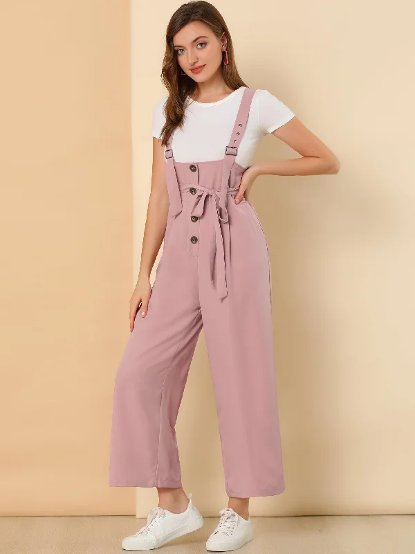 women's wide-leg jumpsuitsHigh Waist Wide Leg Belted Jumpsuit Button Long Overalls