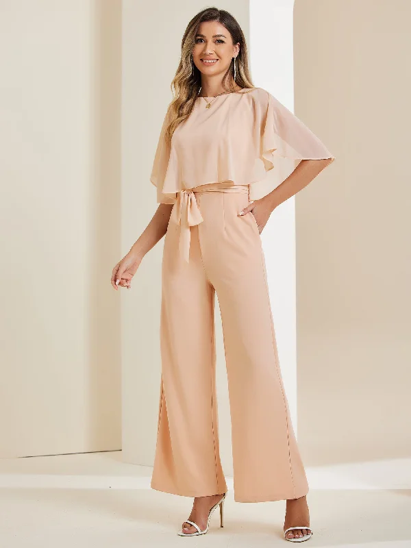 women's retro jumpsuitsCape Sleeve Belted Wide Leg Pants Casual Jumpsuit