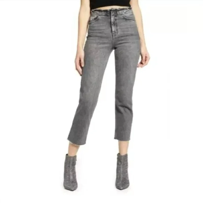 women's denim jeans with fake pocketsHigh Rise Raw Hem Cropped Straight Leg Jeans In Grey