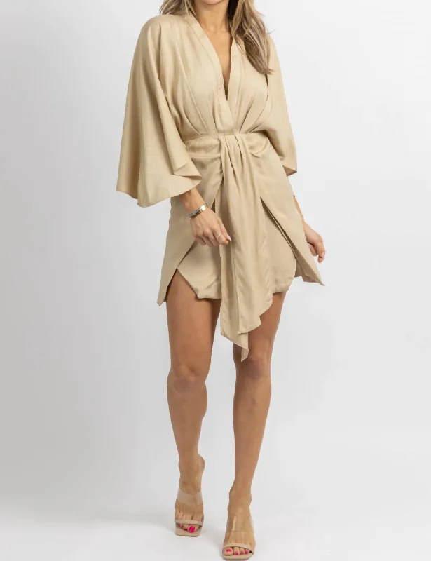 women's neon dressesLinen Dolman Sleeve Mini Dress In Taupe