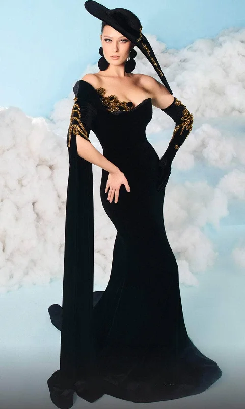 women's smart casual dressesMNM Couture 2606 - Split Cape Sleeve Evening Gown