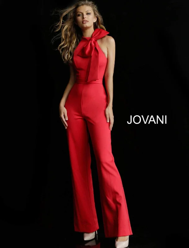 women's jumpsuits with bell sleevesJovani 63523ASC - Bow Accent High Halter Jumpsuit