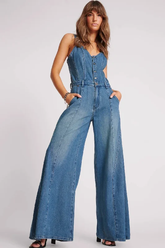 women's jumpsuits with bow tiesONE TEASPOON Womens Gritty Blue Freida Fit n Flare Denim Jumpsuit - Gritty Blue