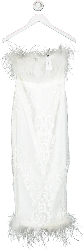 women's mother of the bride dressesKaren Millen White Graphic Embroidered Mesh Feather Woven Midi Dress UK 8