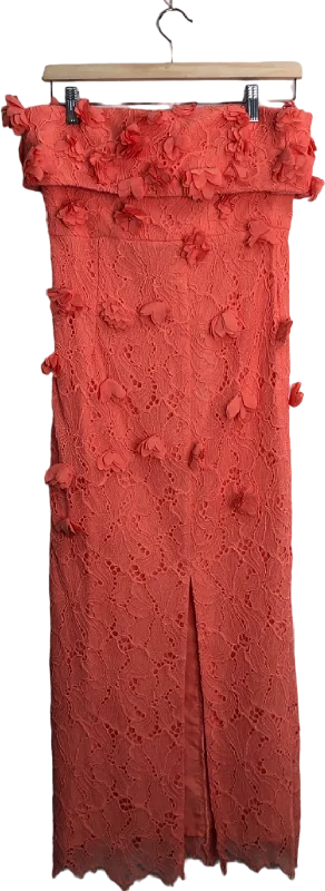 women's business casual dressesKaren Millen Coral Petal Floral Applique On Lace Woven Bandeau Midi Dress UK 8