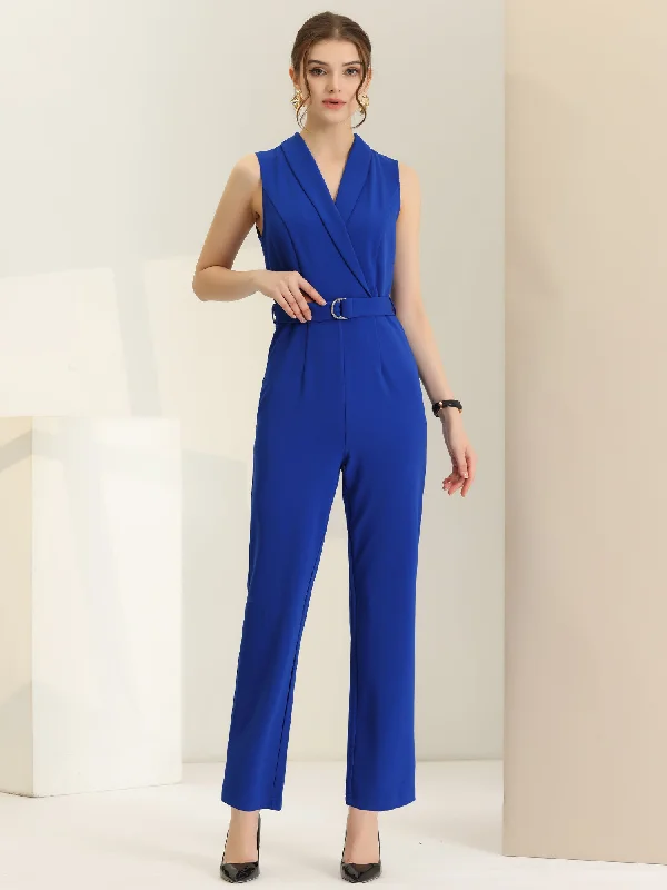 women's elegant jumpsuitsElegant Office Work Sleeveless Belted Long Jumpsuit