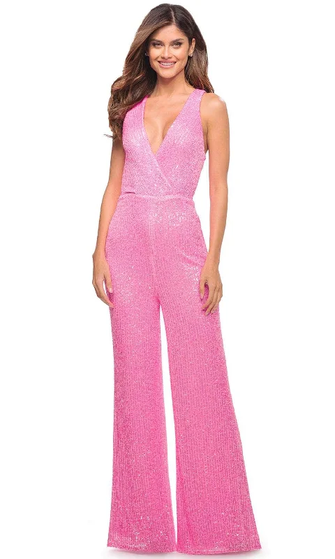 women's jumpsuits for petite womenLa Femme - Sleeveless Sequin Jumpsuit 30811SC