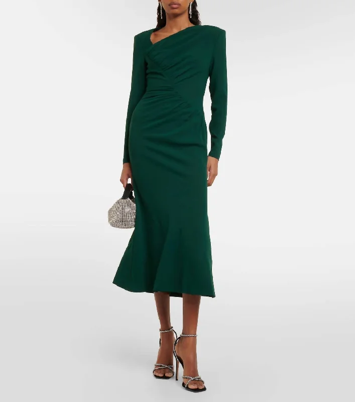 women's cold-shoulder dressesLong Sleeve Rouched Midi Dress In Green